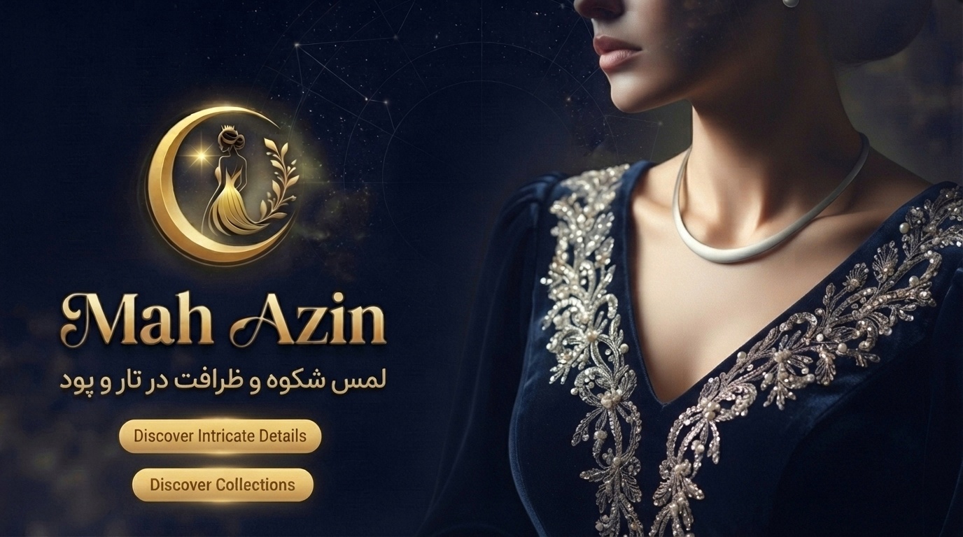 بنر دوم لباس مجلسی زنانه و شیک برند ماه آذین (Mah Azin) با طراحی پرظرافت و نگین‌دوزی، لمس شکوه و ظرافت در تار و پود.