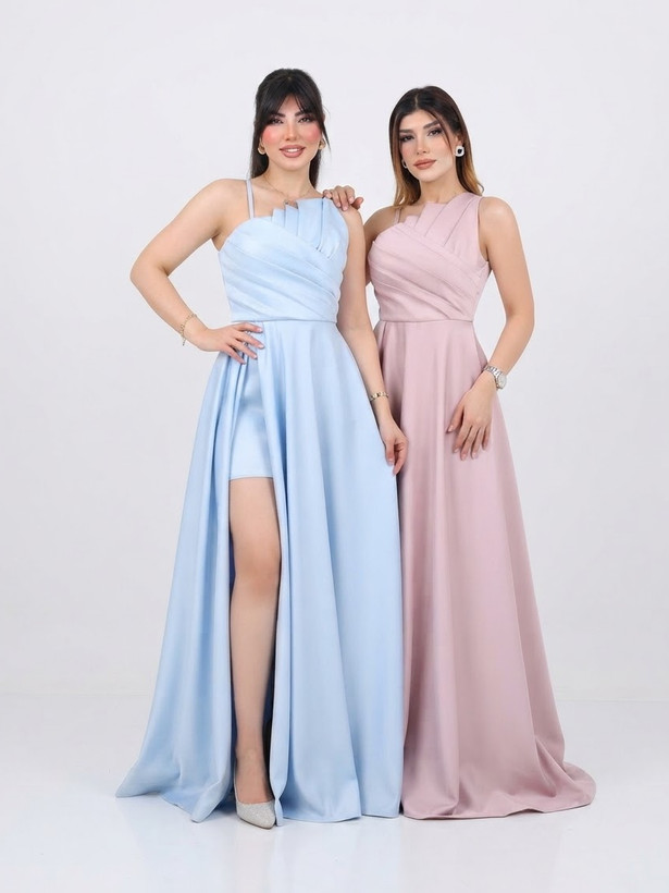 خرید اینترنتی لباس مجلسی بلند مدل فرانک با پارچه ساتن درجه یک، بالاتنه پلیسه و چاکدار در رنگبندی متنوع در فروشگاه ماه آذین