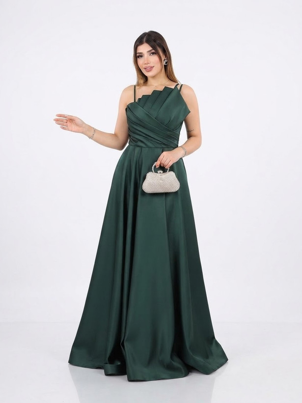 خرید اینترنتی لباس مجلسی بلند مدل فرانک با پارچه ساتن درجه یک، بالاتنه پلیسه و چاکدار در رنگبندی متنوع در فروشگاه ماه آذین
